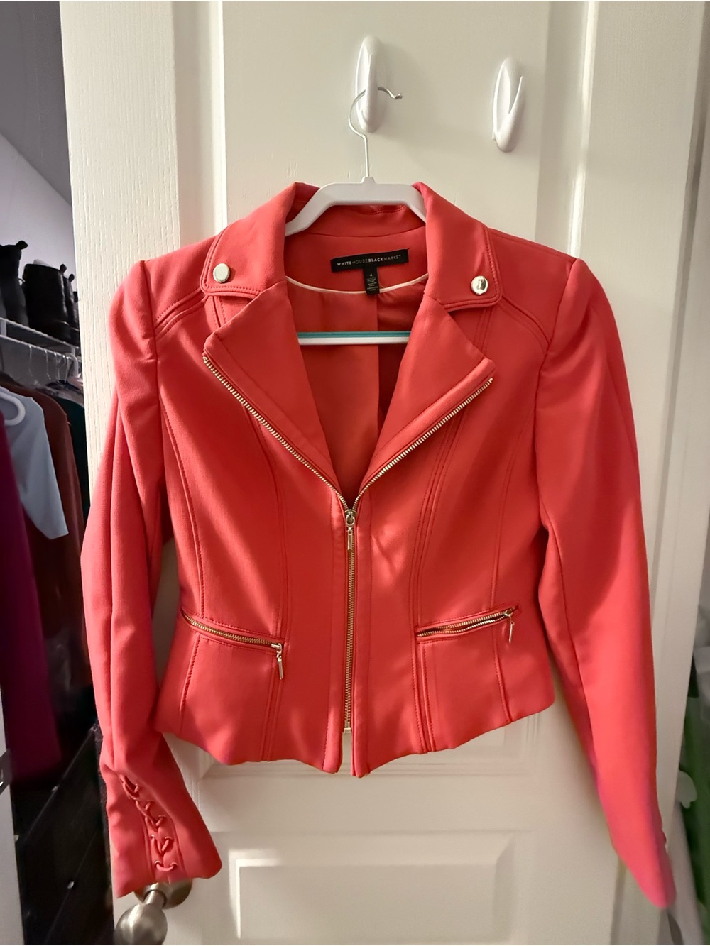 White House Black Market Coral Zip-Front Moto Jacket